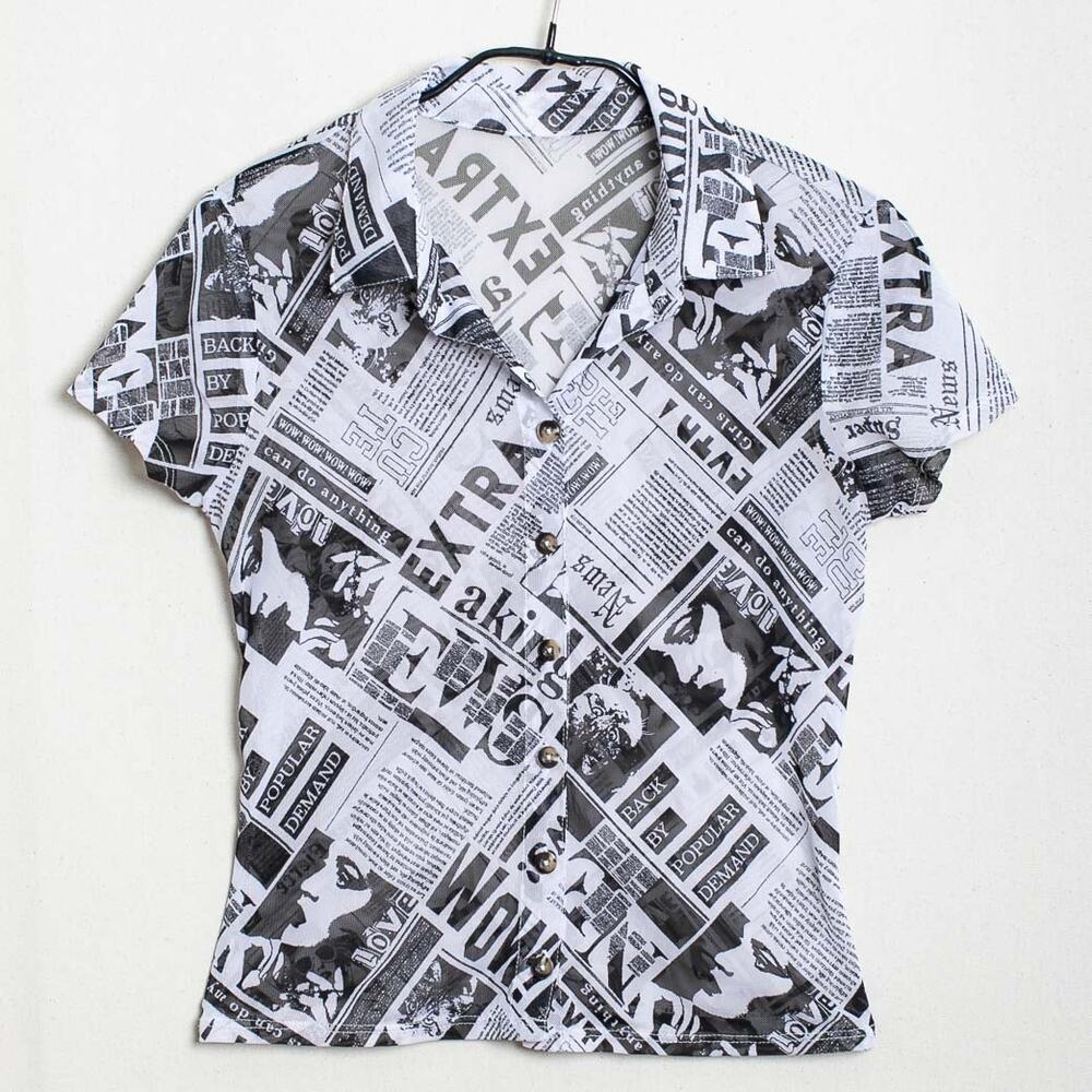 Vintage Y2K Newspaper Print Sheer Button Up Top Black White Babydoll XS/S 2000s